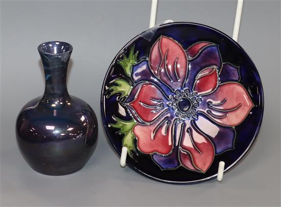 A Moorcroft purple lustre vase and an anemone dish Vase H.9cm, plate 11.5cm diameter